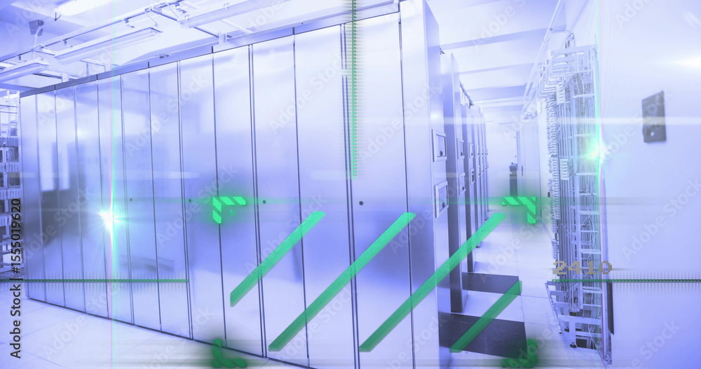 Poster data processing image over modern server room with glowing green lines