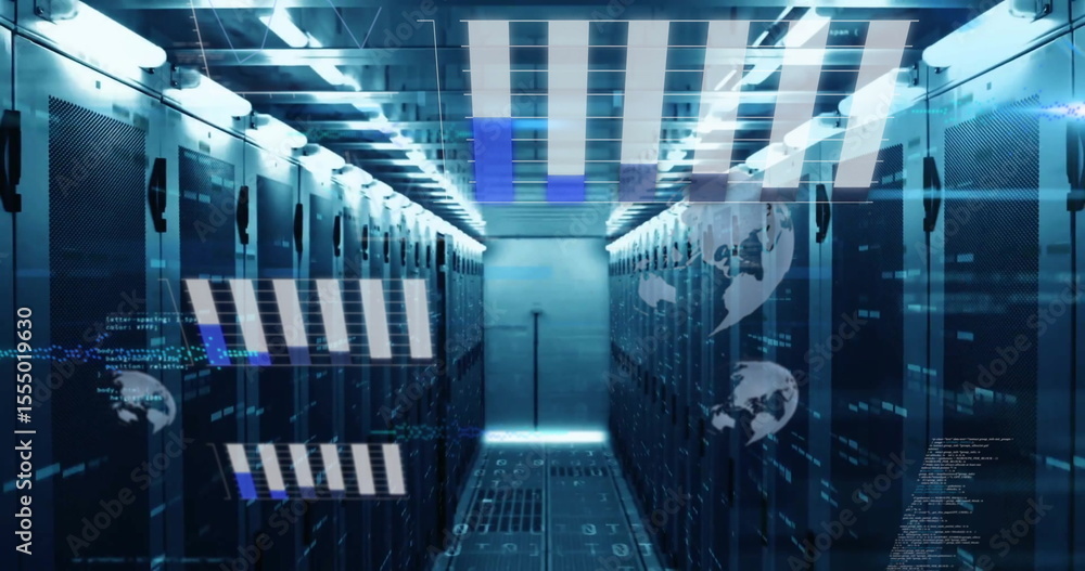 Poster data processing image over futuristic server room with digital graphics
