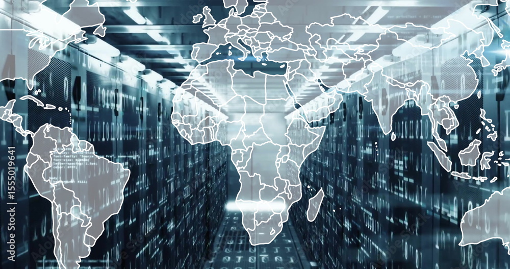 Poster in technology center, image of world map overlaying data servers in use