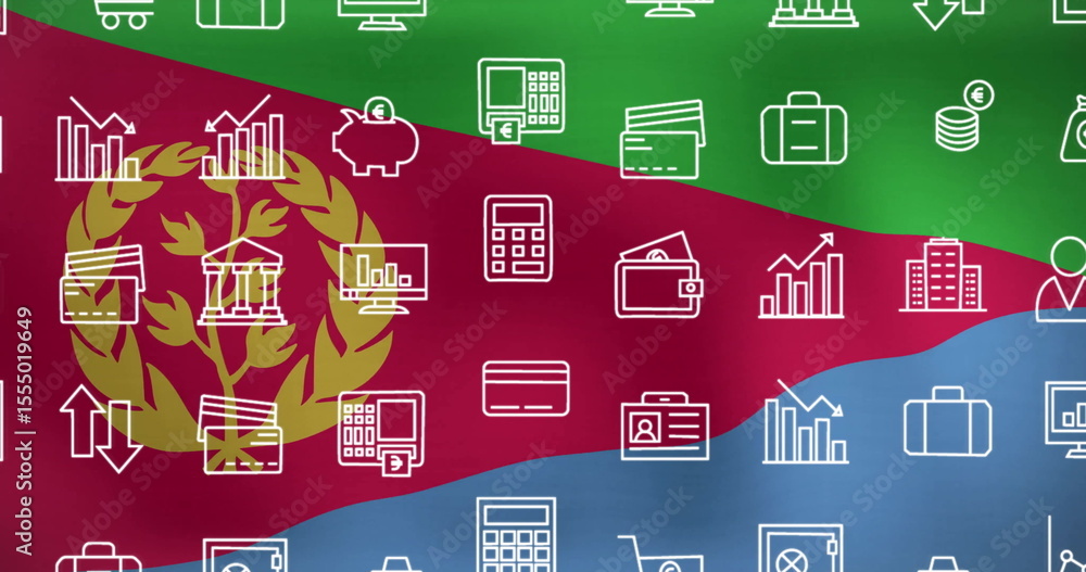 Poster showcasing eritrean flag overlaying finance icons on digital canvas, with bar charts