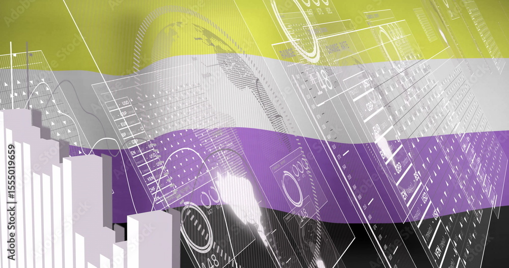Poster non-binary pride flag with image overlay of financial data and cityscape