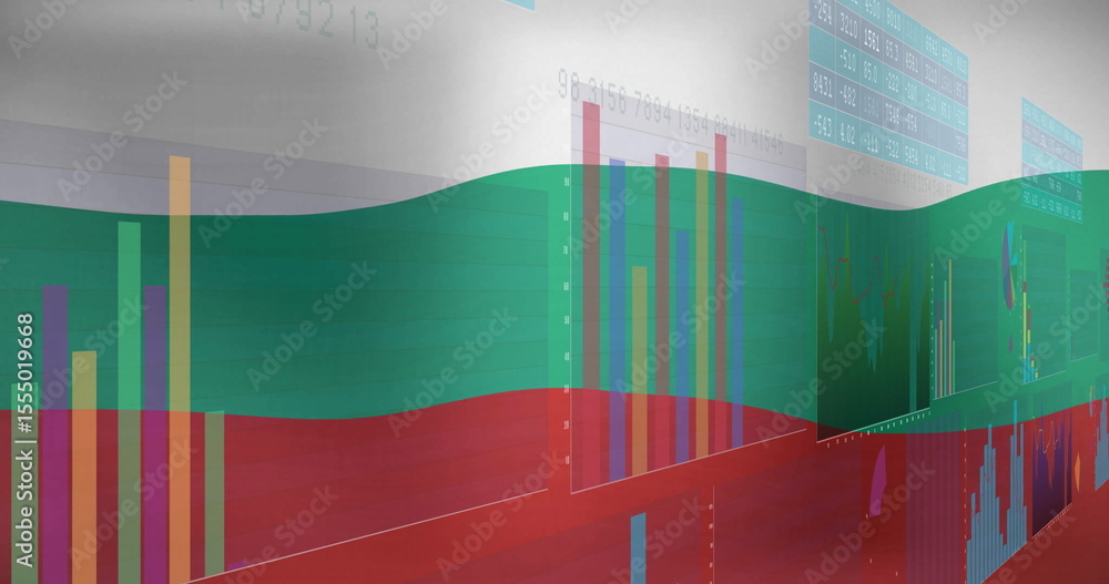 Poster overlaying digital data, colorful graphs and charts displayed on screen in image