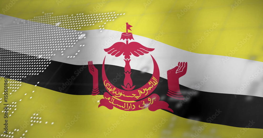 Poster waving brunei flag with digital data and map overlay in background image