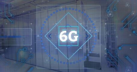 In data center, digital interface showing 6G technology concept with image