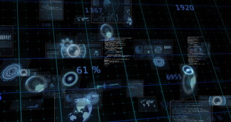 Holographic UI display floating in grid space, with panels, targets, map hologram and percentages