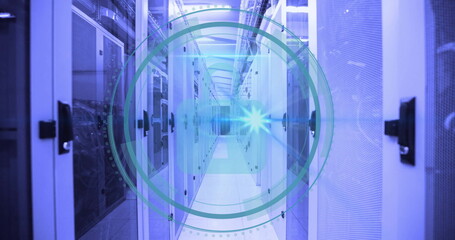 Futuristic digital interface image over modern data center server racks