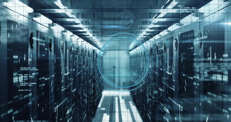 Image of glowing lights in futuristic data center corridor with digital elements