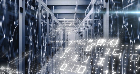 Streaming binary code floating along high tech server aisle, with tall cabinets and network cables