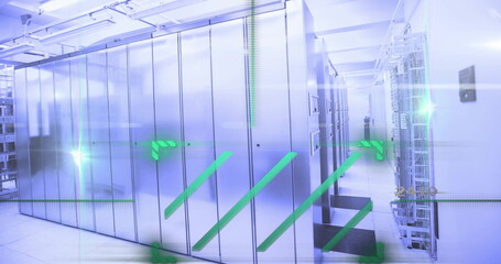 Data processing image over modern server room with glowing green lines