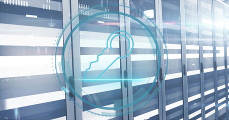 Digital lock image over server racks in data center environment