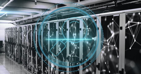 Magnifying glass icon over data servers with network connections image