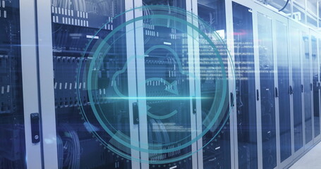 Cloud computing symbol image over server racks in data center