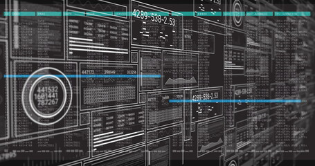 Image of digital data processing with numbers and graphs on interface