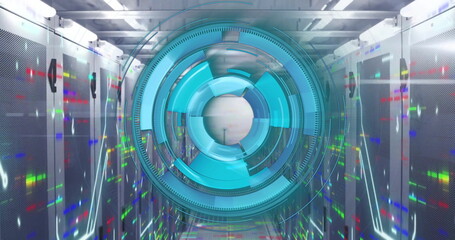 Displaying holographic interface hovering in data center aisle, with server cabinets and LED lights