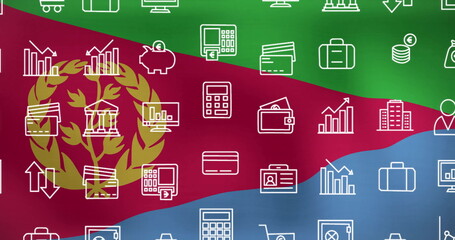 Showcasing Eritrean flag overlaying finance icons on digital canvas, with bar charts