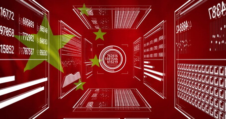 Chinese flag elements with digital data and analytics in image on red background