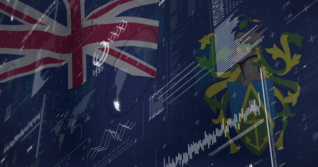 British flag and coat of arms over financial data and graphs image