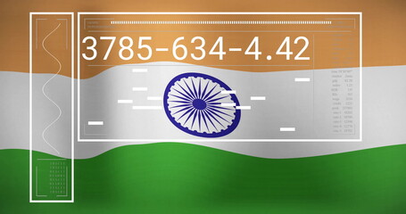 Image of numbers and data processing over Indian flag background