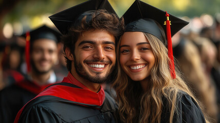 smiling male and female graduates in caps and gowns holding diplomas outdoors 