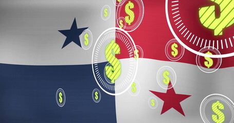 Image of dollar symbols overlaying Panama flag in school setting