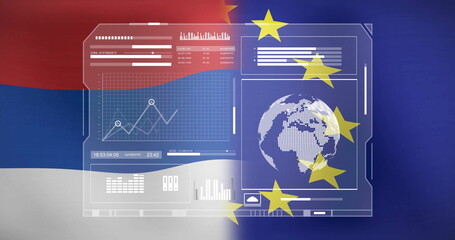 Serbian and EU flags with digital data and globe image overlay
