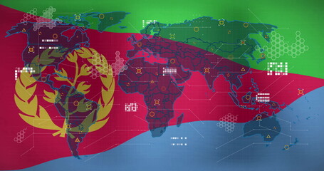 Digital data icons over world map, colorful image background in school