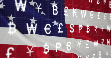 Image of currency symbols floating over American flag, symbolizing global finance
