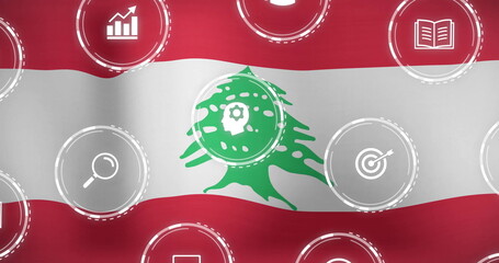 Image of Lebanon flag with digital icons for growth, education, and technology