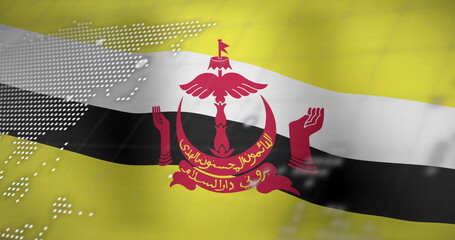 Waving Brunei flag with digital data and map overlay in background image
