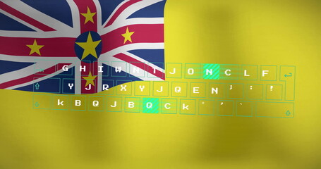 Merging Niue flag with neon green keyboard layout in digital yellow backdrop design