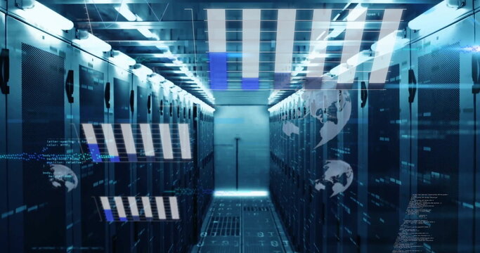 Data processing image over futuristic server room with digital graphics