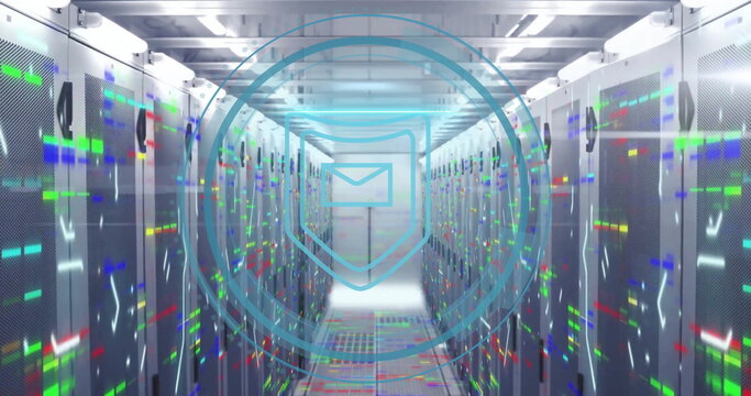 Digital envelope icon image over servers in data center hallway