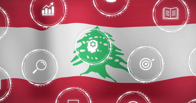 Naklejki Image of Lebanon flag with digital icons for growth, education, and technology