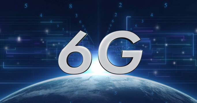 Image of digital connections with 6G technology over Earth in futuristic design