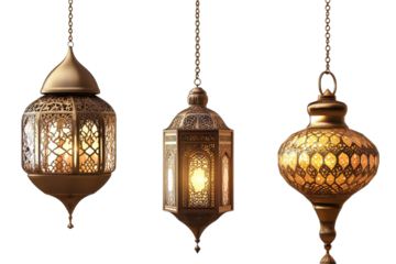 Decorative gold lanterns symbolizing Ramadan Mubarak hanging elegantly for festive celebration during the holy month of Ramadan in a warm, inviting atmosphere