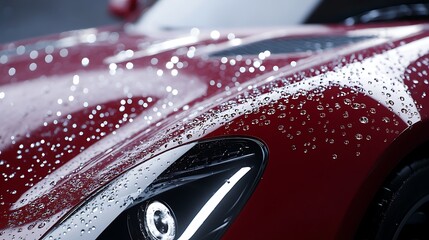 Close-up shot of water beading intensely on a car hood treated with ceramic coating