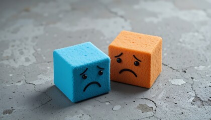 Two sad sponge cubes with drawn faces on a cracked concrete surface