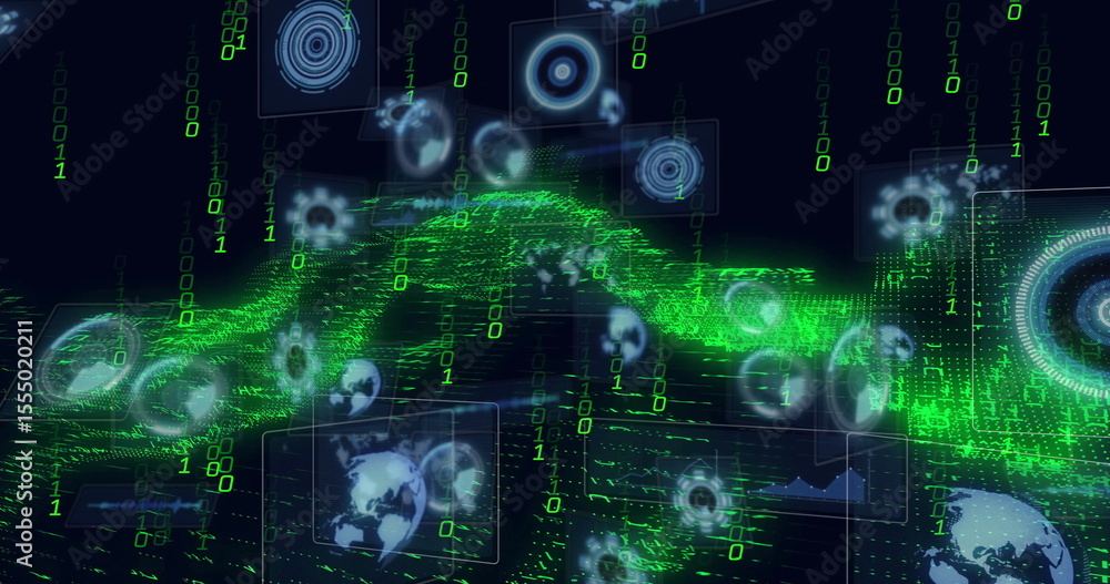 Aufkleber displaying green binary wave flowing across virtual space, with globes gears and line graphs