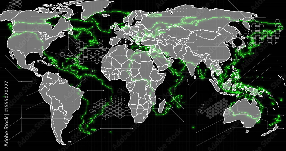 Poster image of world map with green digital network lines and hexagonal patterns