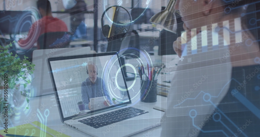Aufkleber virtual meeting on laptop with digital data processing image overlay