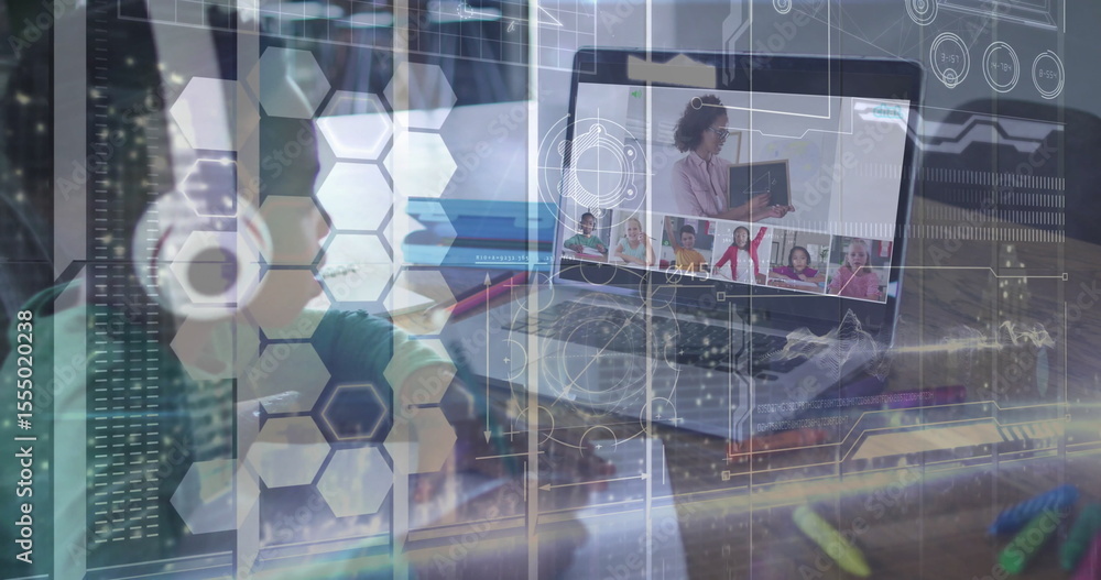 Poster virtual meeting on laptop with digital data processing image overlay