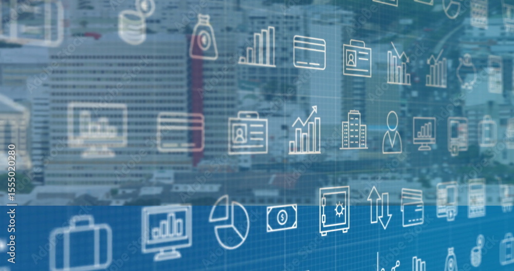 Poster urban cityscape with business icons and data analytics in image overlay