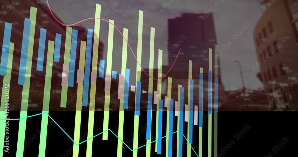 Poster bar and line graphs image over cityscape with tall buildings
