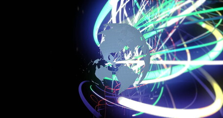 Image of globe with colorful light trails and digital network connections