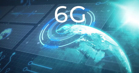 Image of digital globe with futuristic interface elements for 6G technology concept