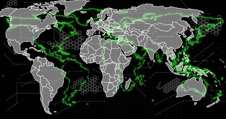 Image of world map with green digital network lines and hexagonal patterns