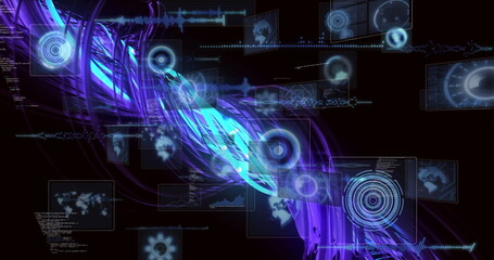Image of glowing blue and purple data streams with futuristic digital interface