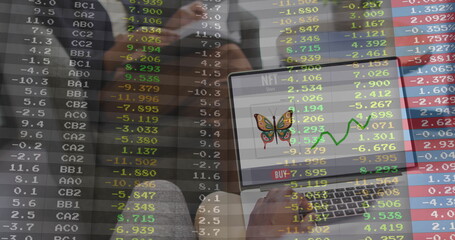Using laptop in school, person viewing butterfly NFT with stock market image