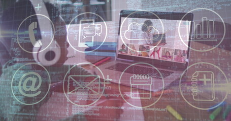 Image of digital communication icons overlaying laptop with image call in school