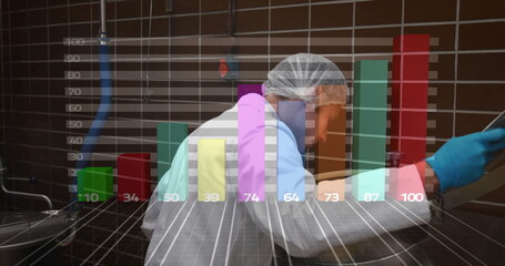 Scientist working in lab with colorful bar graph image overlay